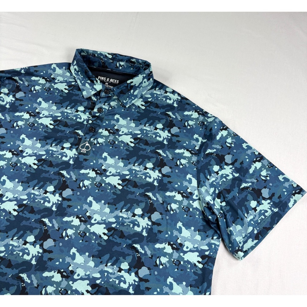 Pins‎ & Aces Polo Shirt Mens 2XL Blue Camo Golf Performance Stretch